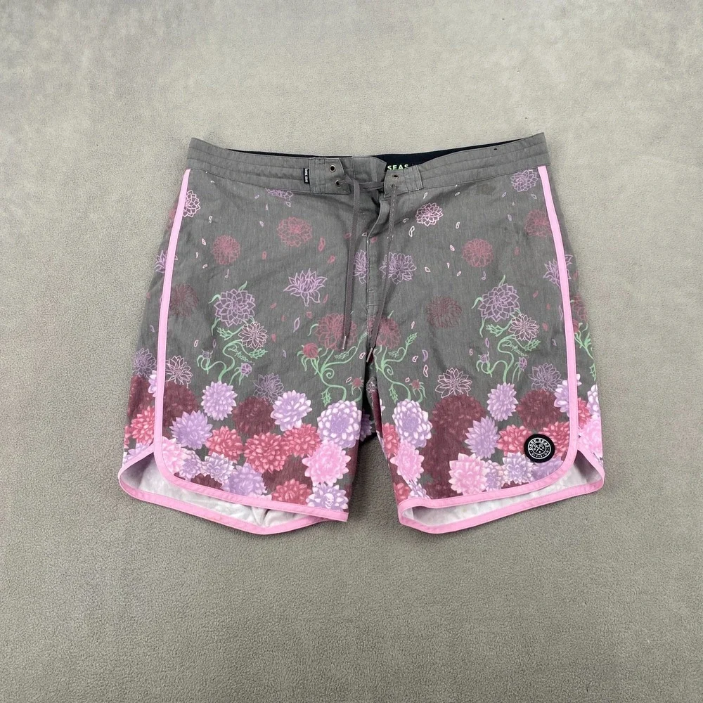 Dark Seas Swim Trunks Mens 36 Gray Pink Floral Stretch Drawstring Surfing Beach